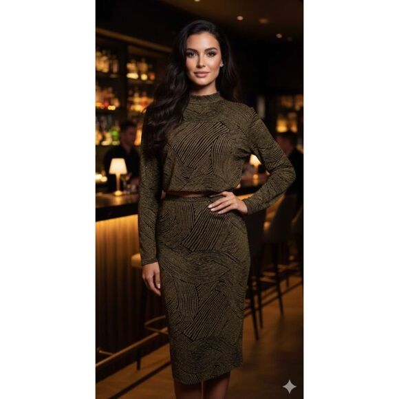 Almost Famous 2 Piece Skirt Crop Top Set NWT Black Gold Metallic Womens Size XL - Picture 1 of 11